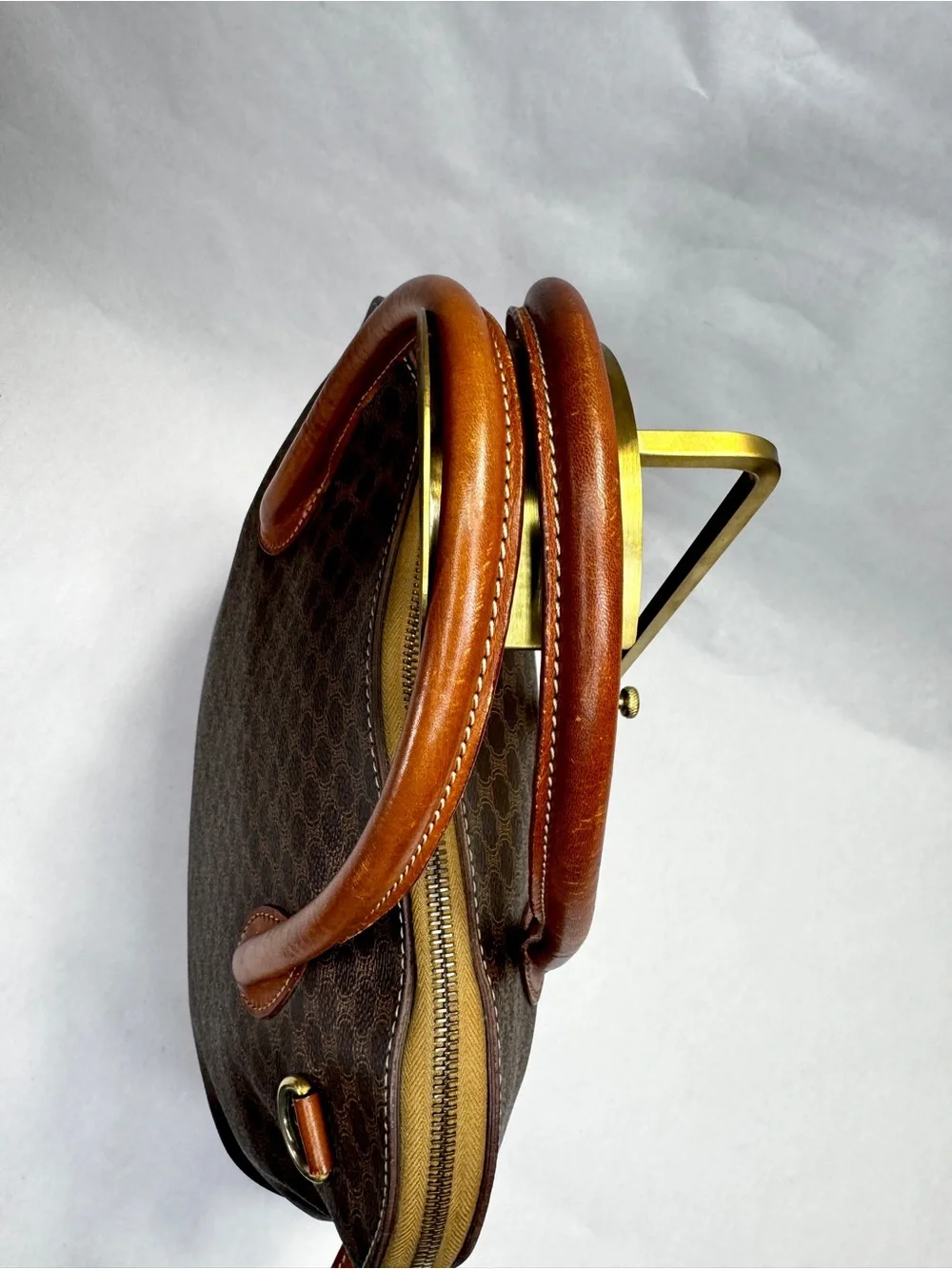 Vintage CELINE Macadam Boston Bag Brown Leather 2-Way Shoulder Satchel